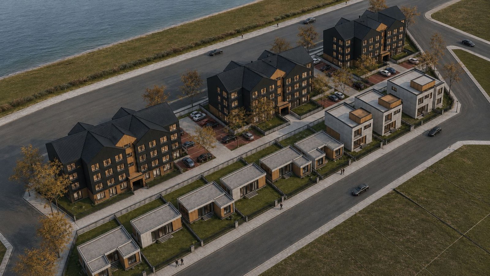 Vista aérea de un desarrollo residencial de arquitectura industrializada AUSTER
